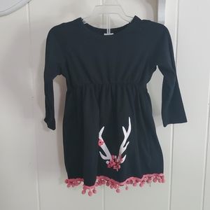 2T Black Tunic dress with Antlers Pink pom pom hem